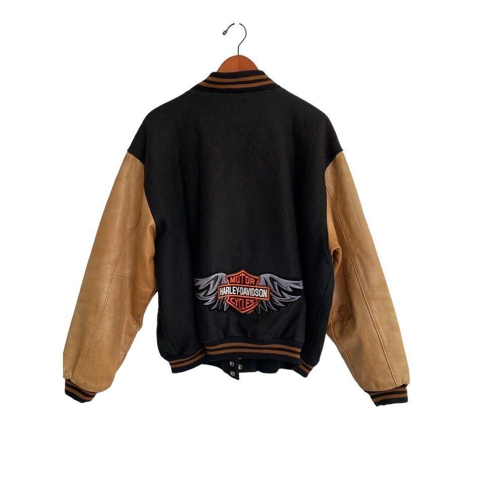 GOLDEN BEAR Harley Davidson Men's XL Black + Tan Leather Bomber Varsity Jacket